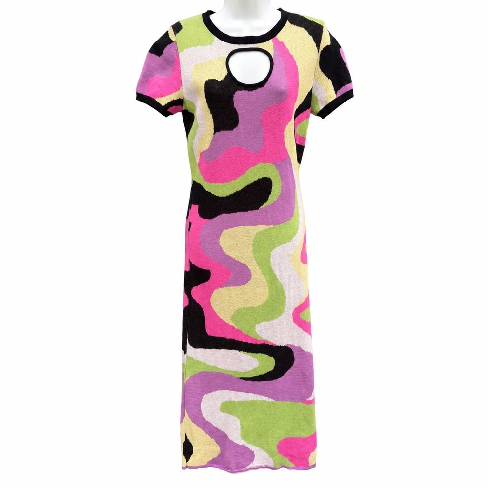 Another Girl Psychedelic Swirl Print Organic Cotton Knit Midi Dress Mod Y2K L